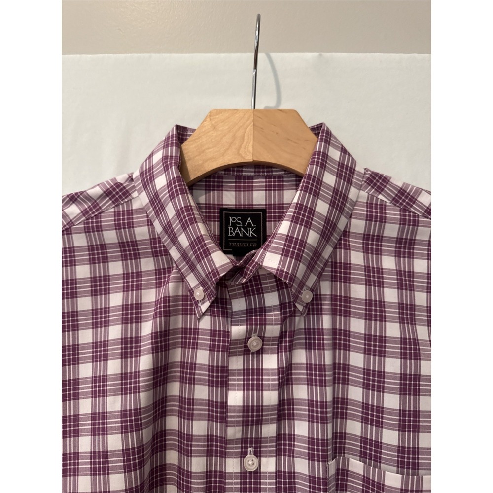 Jos A Bank Traveler Shirt Men LG Purple/White Plaid Button Up/Down Long Sleeve